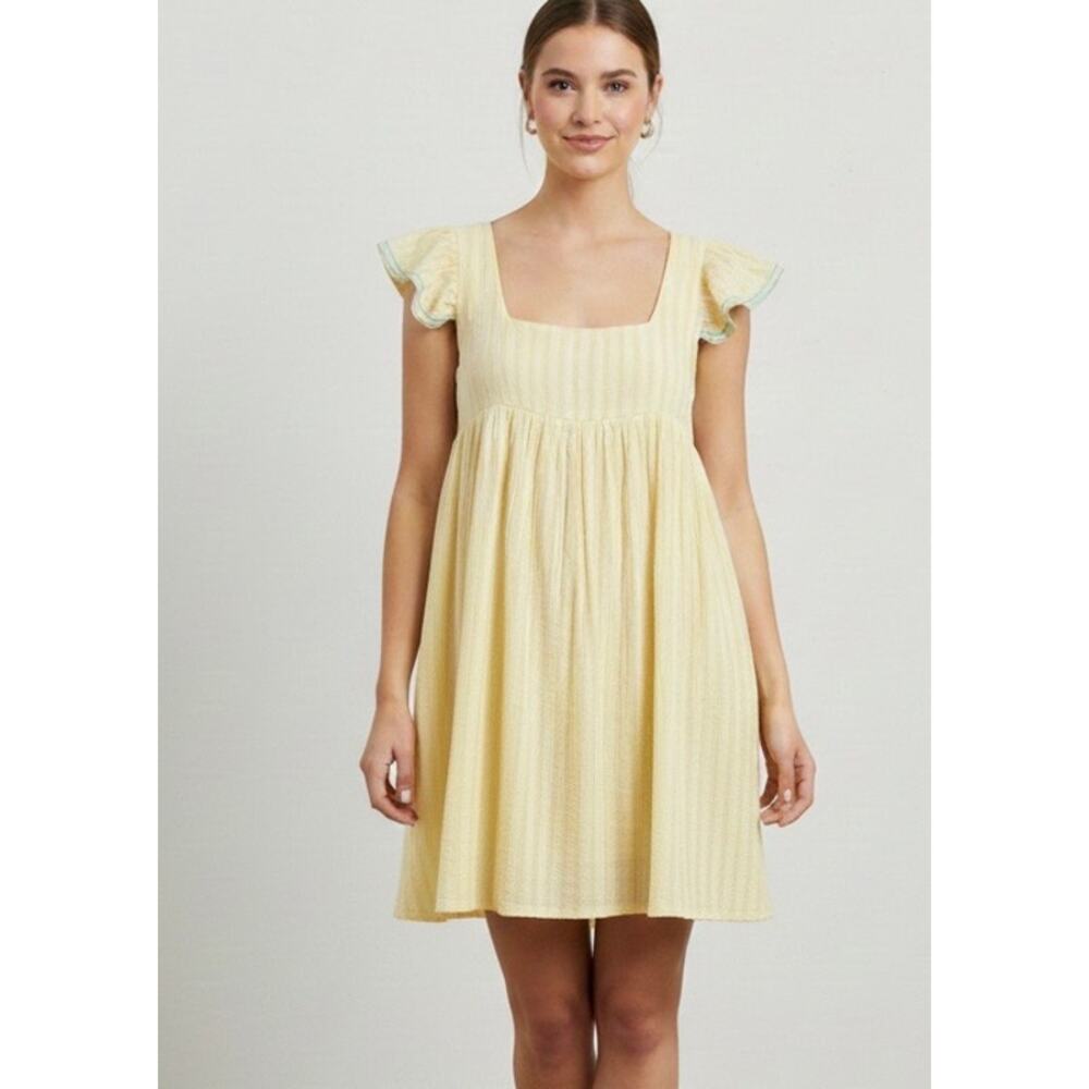 Pitusa Yellow Flutter Sleeve Babydoll Dress Inca Trim Cotton Boho Standard M/L
